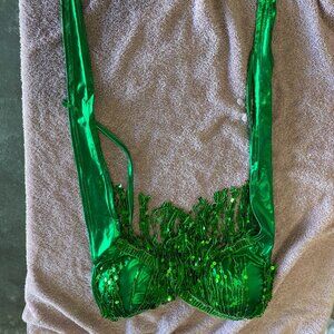 Emerald Green Sequin Fringe Bustier Crop Top Metallic Festival Rave Party Top